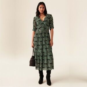 BA&SH - Green Printed V‑Neck Midi Dress - Sz M